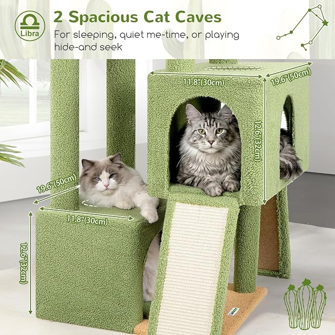 Globlazer Heavy Duty Cat Tree 78 inch Sturdy Cactus Cat Tower for 20lbs Large Adult Cats, Symmetrical Aesthetic Big Cactus Cat Tree with Extra Large Platform, 2 Scratching Boards, Z78, Green