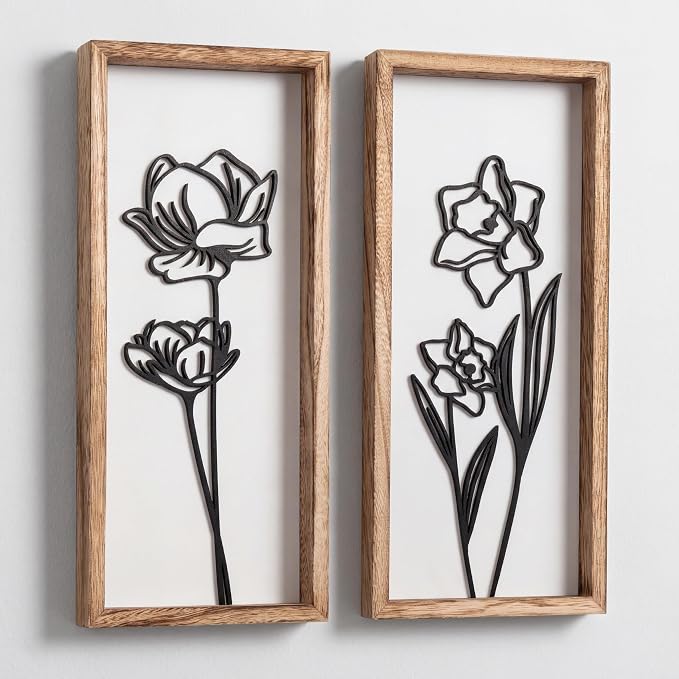 3D Black and White Wall Art (Set of 2) Lightweight, Wooden Ready-to-Hang Framed Floral Wall Art for Bathroom, Bedroom, Living Room or Office – Boho Botanical Farmhouse Decor – Gift-Boxed
