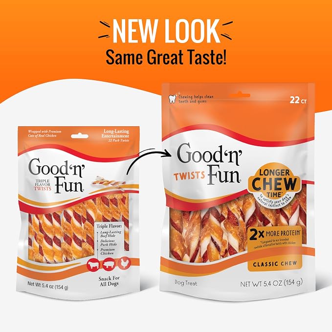 Good 'n' Fun Twists Long-Lasting Dog Treat Made With Real Protein, 22 Count | Premium Chicken, Pork and Beef Hide Chew, Supports Dental Health and Mental Stimulation, For Adult Dogs