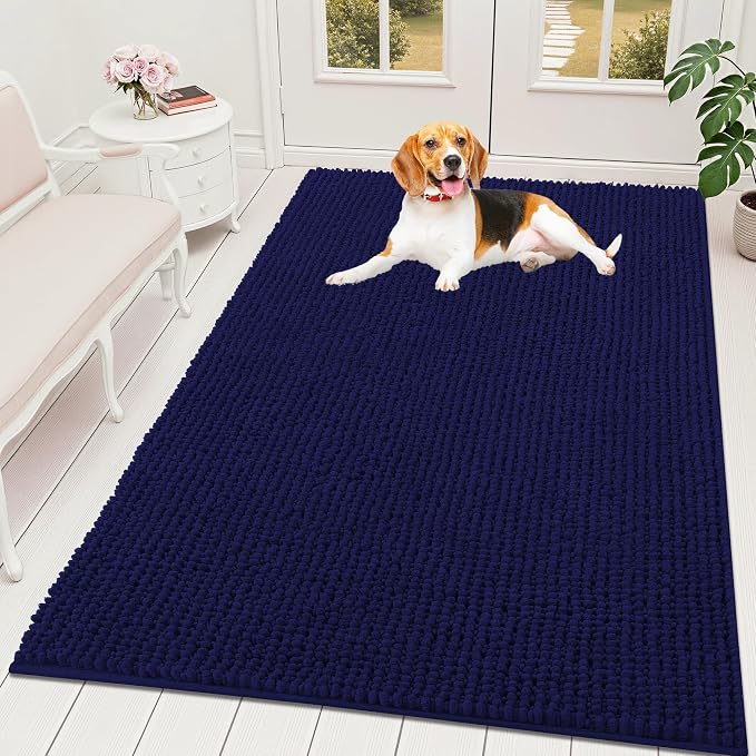 OLANLY Dog Door Mat for Muddy Paws 59x35, Extra Absorbent Chenille Mud Mat | Navy Blue, Absorbs Moisture and Dirt, Non-Slip Machine Washable Doormat, Quick-Drying Indoor Entryway Floor Mat for Dogs