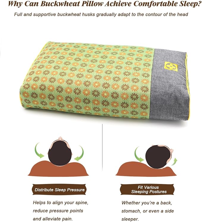 Buckwheat Pillow Cube for Side Sleepers, Pain Relief for Neck Support Adjustable Cervical Pillows, Included Floral Pattern Square Pillow (18x10 Inch, Lemon Yellow)