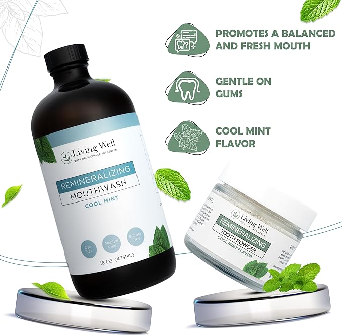 Living Well with Dr. Michelle Tooth Remineralization Bundle | Hydroxyapatite Tooth Powder & Mouthwash | Cool Mint Flavor