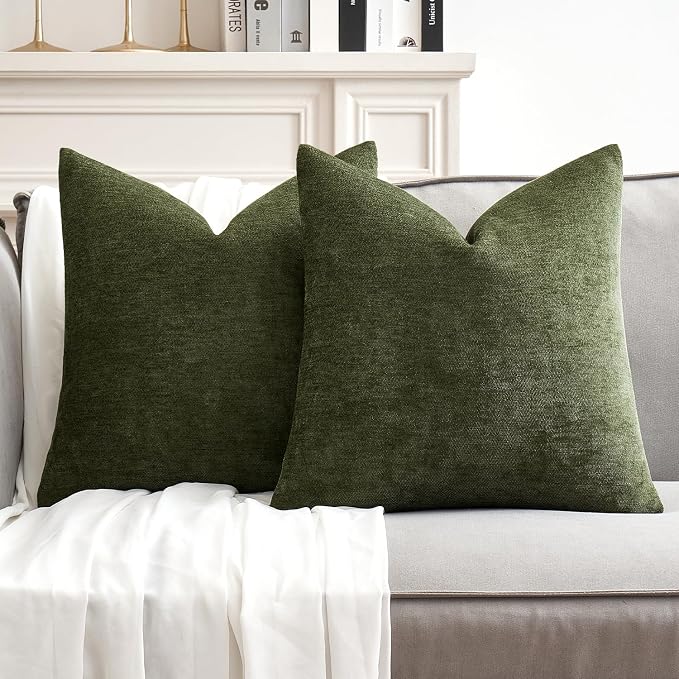 MIULEE Pack of 2 Olive Green Decorative Pillow Covers 18x18 Inch | Soft Chenille Couch Throw Pillows Farmhouse Cushion Covers for Home Decor Sofa Bedroom Living Room