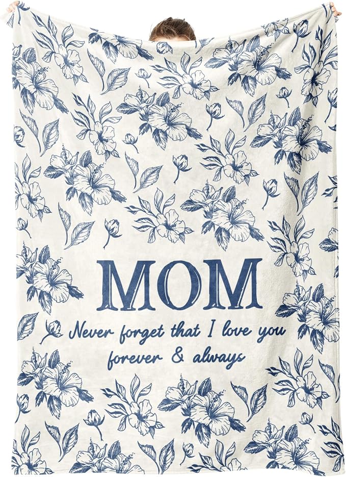 Gifts for Mom, Mom Birthday Gifts from Daughter Son, To My Mom Blanket | I Love You Mom Gifts for Birthday, Christmas, Mothers Day, Blanket for Mom with Hibiscus Flowers Print, 80" x 60", Blue