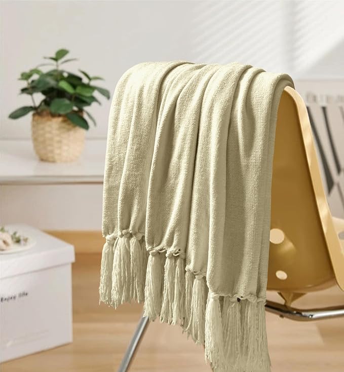 Chenille Throw Blanket for Couch 60" x 80" Twin, Light Beige | Soft Cozy Warm Throws with Fringe Tassel, for Living Room Bed Sofa Chair Cover, Lightweight Knitted Decorative Boho Blankets