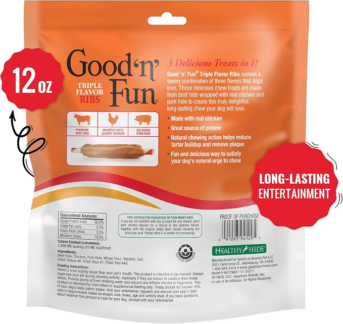 Good 'n' Fun Ribs Long-Lasting Dog Treat Made With Real Protein, 12 oz | Premium Chicken, Pork and Beef Hide Chew, Supports Dental Health and Mental Stimulation, For Adult Dogs