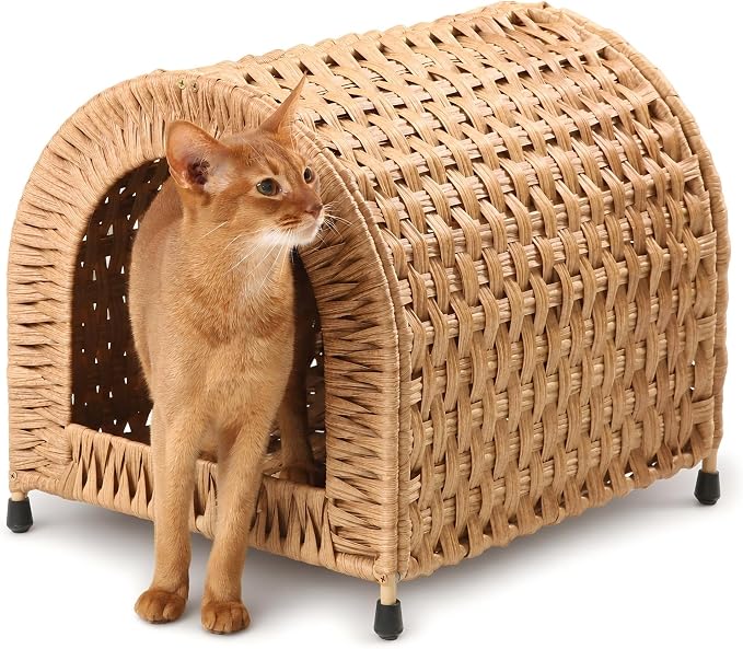 Handwoven Wicker Cat Bed for Cats up to 20 lb, 14.2" H × 14.2" W × 16.5" D | Dome shaped hideaway for cats to feel safe. Woven wicker and raised base for airflow. Natural furniture look. Rinse clean.