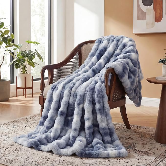 ORINOVA Tie-dye Blue Twin Cozy Faux Fur Blanket for Couch Bed Living Room 60x80 Furry Soft Fluffy Thick Warm Throw Blanket for Winter Home Gifts 860 GSM