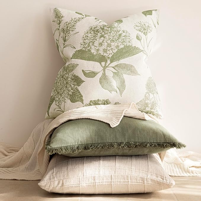 Foindtower Set of 2 Linen Floral Throw Pillow Covers Vintage Accent Print Decorative Cozy Cushion Covers Farmhouse Boho Home Decor for Sofa Chair Couch Bedroom Living Room,22×22 Inch,Light Green