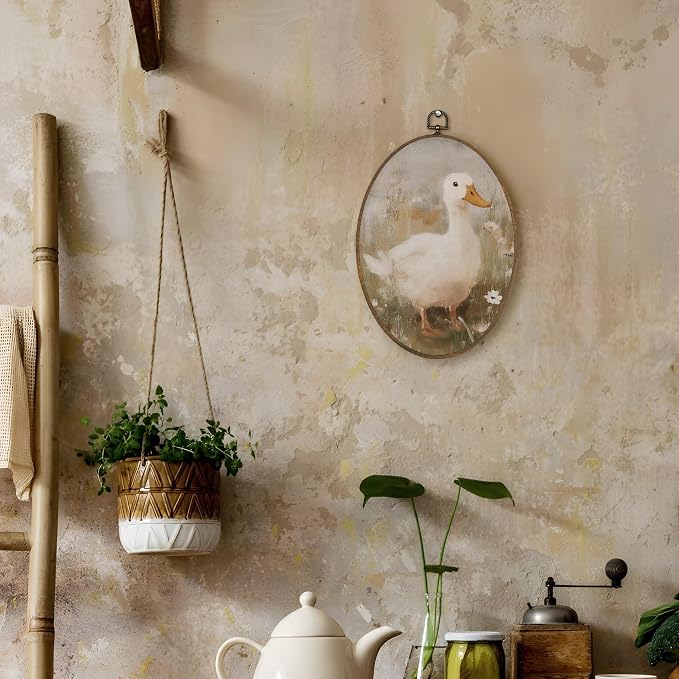 LKETW Vintage Farmhouse Duck Oval Wall Art Decor, Cottagecore Duck Wildflower Oval Canvas Hanging Decor, Rustic Farm Animal Wall Decorations for Home Bedroom Living Room, 8.6x11.4 Inch