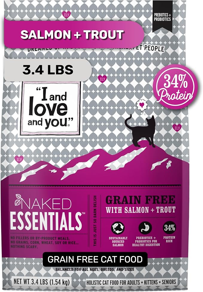I and love and you Naked Essentials Dry Cat Food - Salmon + Trout - Grain Free, Real Meat, No Fillers, Prebiotics + Probiotics, 3.4lb Bag