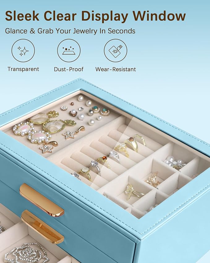 Homeanda Jewelry Boxes Organizer with Glass Lid, 3-Layer PU Leather, Blue | Modern style display case with 3 drawers for daily jewelry, women, mom or girl gift