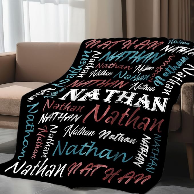 Personalized Name Throw Blanket, Custom Black Theme Light Soft Flannel Fleece Throw Blanket for Men Women Boys Girls Kids, Customized Name Gifts for Birthday Christmas Valentines Day
