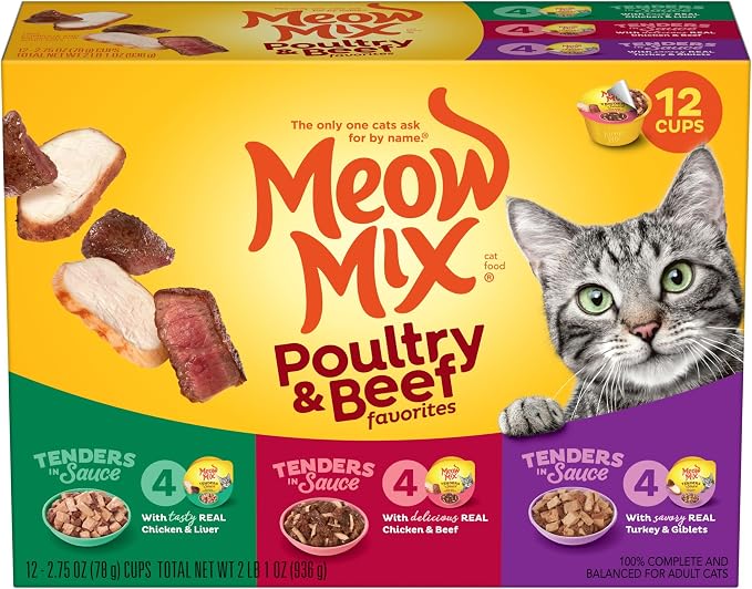 Meow Mix Tenders in Sauce Wet Cat Food,Poultry & Beef Variety Pack,2.75 Ounce Cup,(Pack of 96)