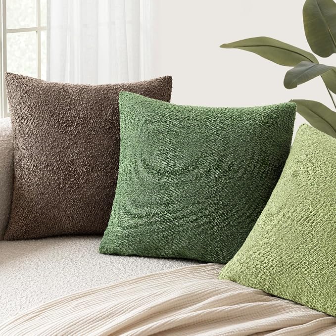 Foindtower Set of 2, Decorative Textured Boucle Throw Pillow Covers Accent Solid Pillow Cases Neutral Soft Cozy Couch Cushion Case for Chair Sofa Bedroom Living Room Home Decor 24x24 Inch Forest Green