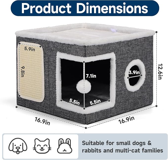 Shikha Cat House Bed for Indoor Cats with Fluffy Ball and Scratch Pad Grey | Foldable Large Cat Cave Hideaway with Cozy Condo, Hide and Seek Window, Holds Up to 30LBS, All Season Reversible Cushion