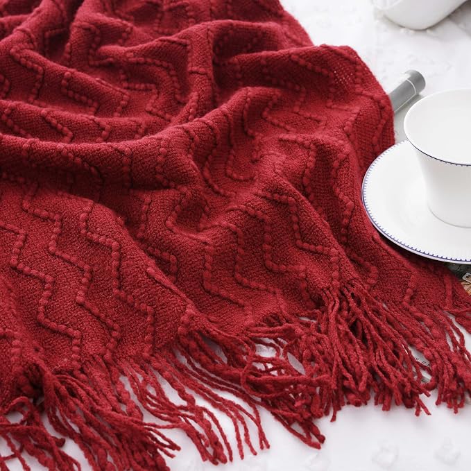 BATTILO HOME Christmas Red Throw Blanket for Couch, Textured Soft Burgundy Throw Blankets, Decorative Knitted Red Blanket for Sofa Bed Living Room, 50"x60"