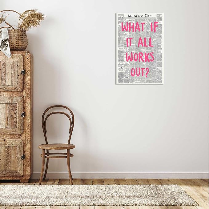 Drimiler What If It All Works Out Poster Retro Newspaper Pink Font Canvas Wall Art Positive Affirming Quote Minimalist Prints Painting For Home Bedroom Dorm Wall Decor 8x12in Wframed
