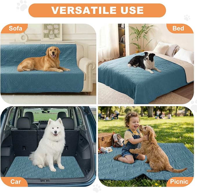 100% Waterproof Washable Dog Blanket，Gray Blue+Apricote 35"x71" | ,7-Layer Reversible Couch Covers for Dogs Met for Sofa Furniture Car Camping