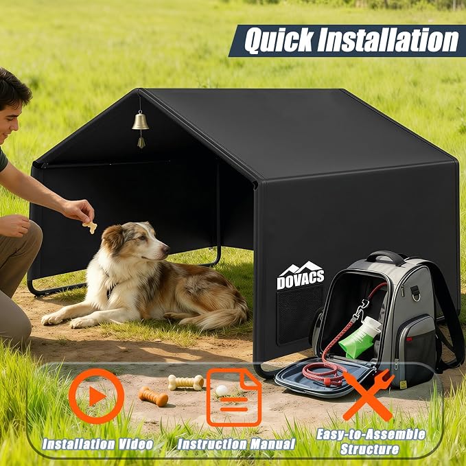 3 in 1 Extra Large Dog House Outdoor,Dog Shade with Roller Shutters and Removable Rear Door，Outside Sun Rain Canopy Pet House for Pet Cat Chicken Livestock 4'x 4'x 3.3' (Black)