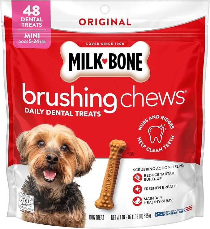 Milk-Bone Brushing Chews Mini Daily Dental Dog Treats, 18.9 oz Bag | 48 treats, original chicken flavor, VOHC accepted dental chews, helps clean teeth and freshen breath, for small dogs 5–24 lbs