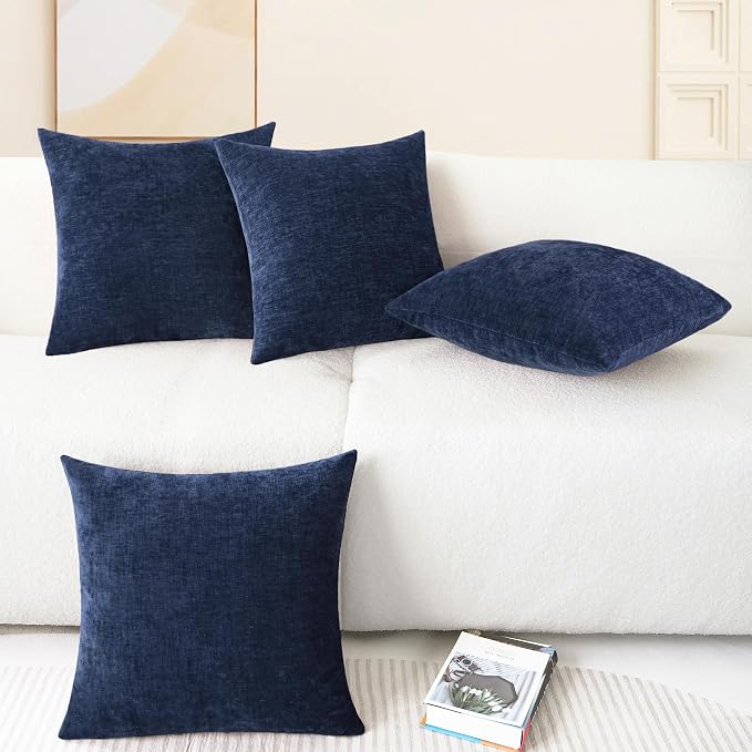 CaliTime Decorative Couch Throw Pillow Covers 18 X 18 Inches Navy Blue | Pack of 4, Cozy Chenille Cushion Cases for Sofa Bed Living Room Farmhouse Home