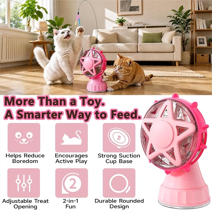 Cat Toys for Indoor Cats，Interactive Cat Toy Kitten Toys Enrichment with Adjustable Cat Food Dispenser, Slow Feeder Puzzle Removable Teaser Wand Toy for Bored Indoor Adult Cats (Rosy Pink)