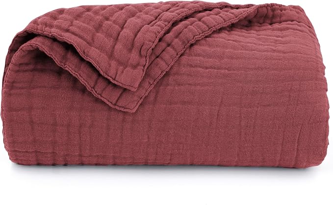 Love's cabin 100% Cotton Muslin Blanket, 6 Layer Lightweight Breathable Gauze Twin Size Blanket 60 x 80 Inches, Soft Summer Blanket for Bed or Couch, Wine Red