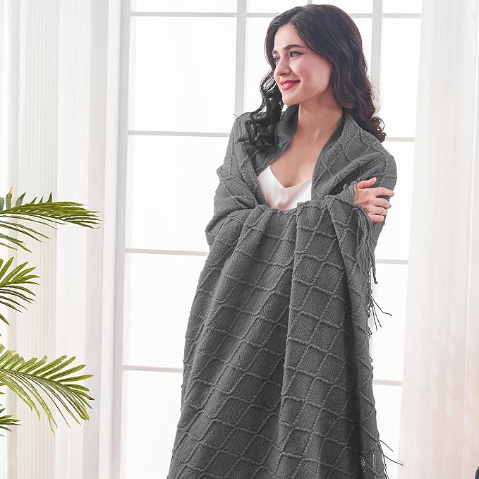 inhand Dark Grey Knitted Throw Blanket for Couch and Bed, 60"x80" | Soft Living Room Home Decor Knitted Twin Size Blanket, Outdoor Lightweight Breathable Summer, Farmhouse Warm Woven Decorative