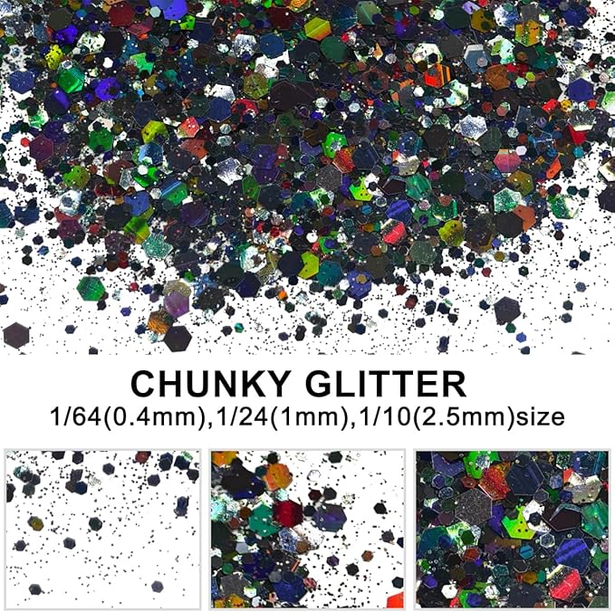 Black - Craft Glitter - 2oz Glitter Shaker Bright Colorful Holographic Mix Chunky Body Glitter Bulk Wholesale 24 Colors in Shaker Cosmetic Glitter - EBLB1000