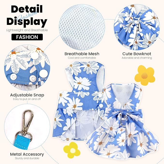 ABRRLO Cute Dog Dress Small Dog Clothes for Girls Female Puppy Outfits Blue Daisy Pet Summer Clothes Bowknot Doggy Cat Princess Dress Harness Set for Holiday Birthday Party Costume Clothing (Blue,M)