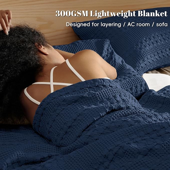 PHF 100% Cotton Waffle Blanket Twin Size, Lightweight Breathable Summer Blanket for Hot Sleepers, Pre-Washed Soft Layer for Bed, Dorm, Couch & Guest Room, Home Decor Gift, 66"x90", Blue Sapphire