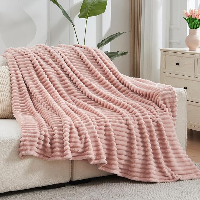 NEWCOSPLAY Fleece Ribbed Cozy Queen Blanket for Couch, Pink, 90"x90" | Premium Silky Flannel Blanket, Soft Lightweight Fluffy Throw Blanket for Bed Sofa Decor, Gift for All Season Use