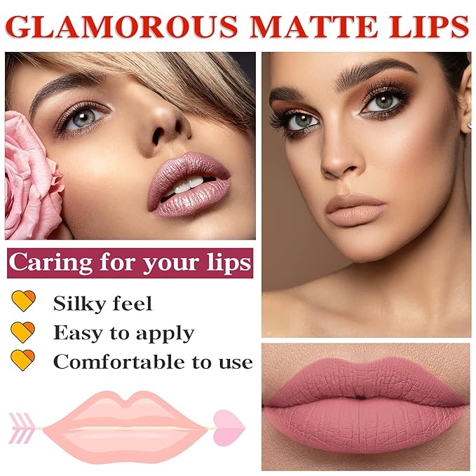 6 Colors Matte Nude Lipstick Set Liquid Lipstick Velvet Lip Gloss Lip Stain Long Lasting Waterproof Nude Pink Lipstick Set for Women Lip Makeup (SET-B)