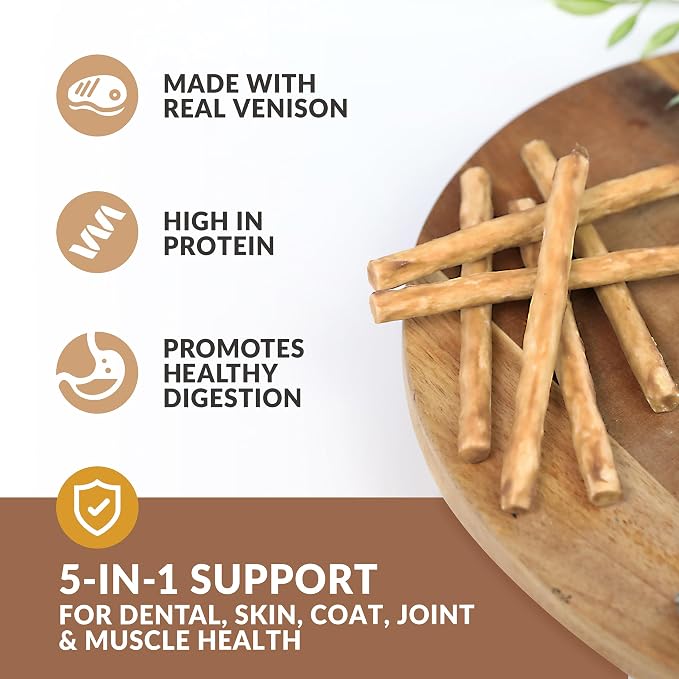 Wild Eats Venison Collagen Sticks for Dogs 25 Pack, Bully Stick Alternative | Rawhide and grain free no hide chew treats, 0.6 cm chew width, high protein, long lasting, satisfies natural gnawing urges