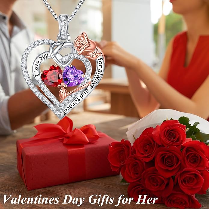 Iefil Valentines Day Gifts for Her Wife - 925 Sterling Silver Double Birthstone Necklace, Anniversary Birthday Gifts for Women, Jewelry Gift for Wife Girlfriend Mom Her