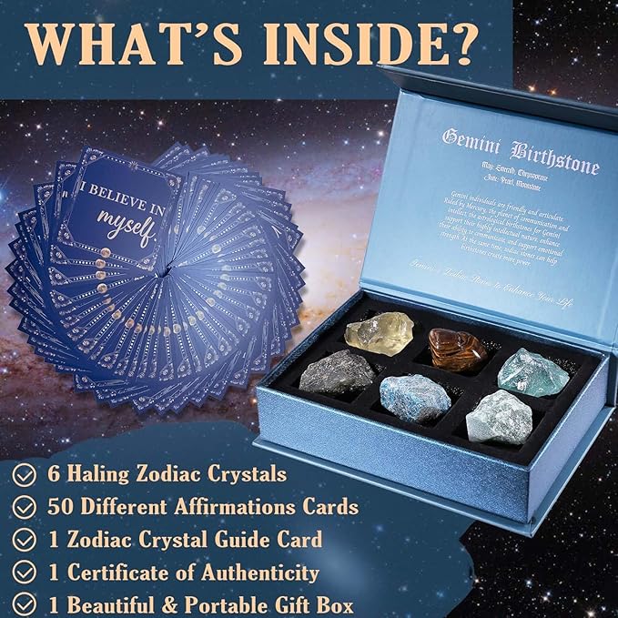 Faivykyd Gemini Crystals Gift for Women - 6 Gemini Zodiac Natural Stones w/50 Miracle Mantras Affirmation Cards, Healing Astrology Gifts for Motivation, Promote Positive Energy