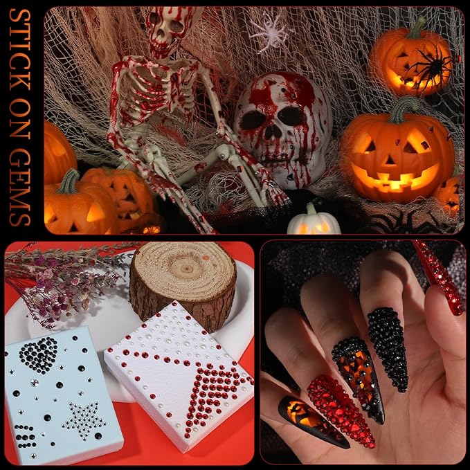 Teenitor 4 Sheets Face Gems Stick on, Face Jewels Red and Balck Face Rhinestones Gems, Festival Jewels Self-Adhesive Face Gems for Women, Rave Accessories for Face Eyes Body Halloween Makeup