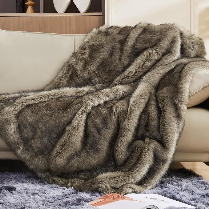 Luxury 1000GSM Faux Fur Throw Blanket, Super Thick Warm Cozy Grey Blankets for Couch Bed Sofa, Plush Fuzzy Elegant Soft Reversible Mink Blanket for Living Room Bedroom, 80x80,Grey