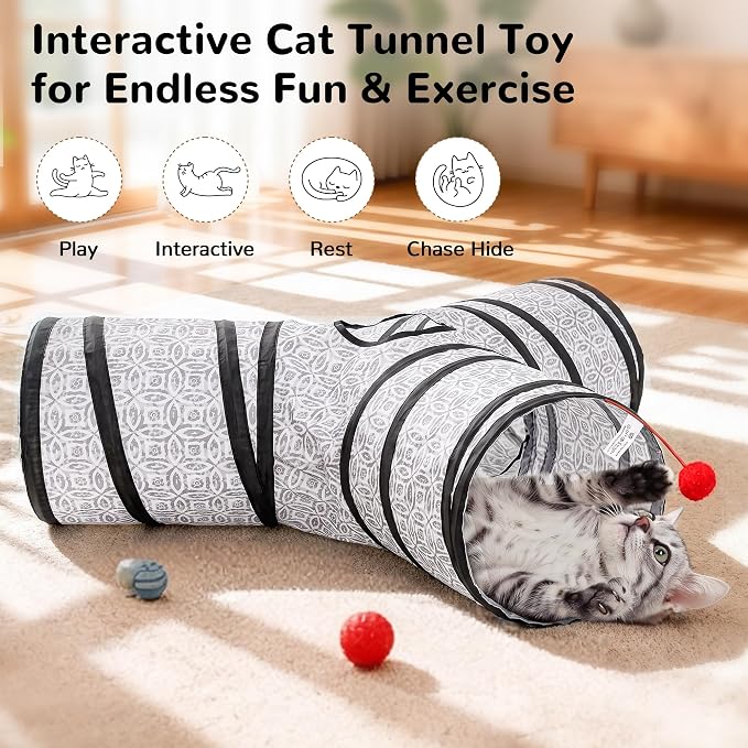 Tempcore Cat Tunnel, 3-Way Collapsible Toy for Indoor Cats, Grey Coin