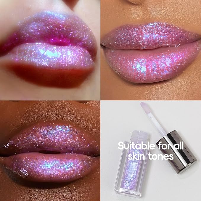Purple Glitter Lip Gloss Liquid Lipstick, Moisturizing Holographic Multichrome Shimmer Tinted Lips Stain Oil Diamond Metallic Lip Gloss, Long Lasting High-Shine Glimmer Lips Makeup02