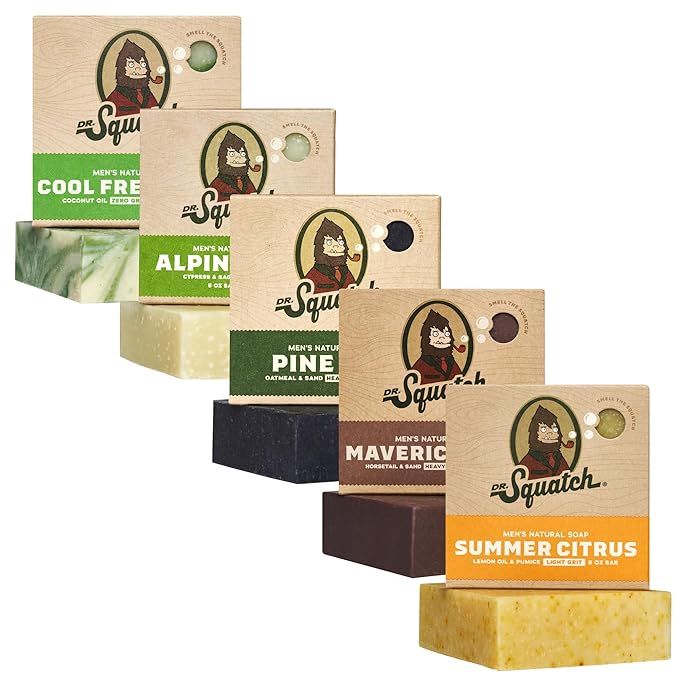 Dr. Squatch Natural Men’s Bar Soap - Cold Process Body Soap Bar with Natural Oils - Gifts for Men - Cool Fresh Aloe, Summer Citrus, Pine Tar, Maverick Musk & Alpine Sage (5 oz, 5-Pack)
