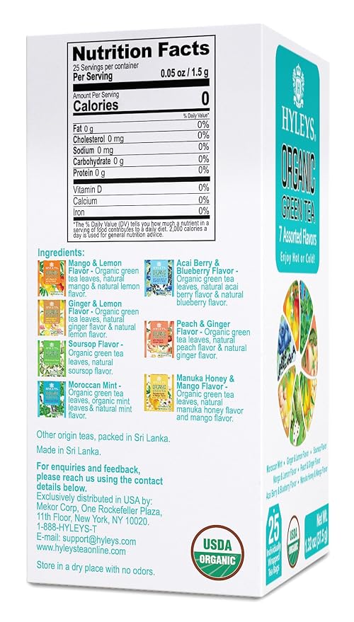 HYLEYS Organic Green Tea, 7 Assorted Flavors - 150 Individually Wrapped Tea Bags (6 Pack of 25) - Includes Soursop, Blueberry, Moroccan Mint and More - USDA Organic - Kosher & Vegan