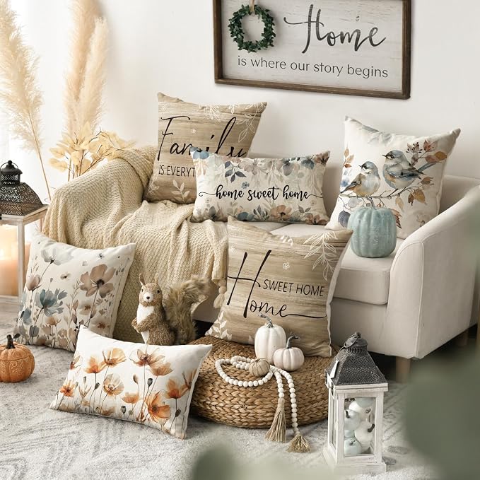 AVOIN colorlife Chinoiserie Poppy Flowers 16x16 Inch Pillow Covers Set of 4 | Chickadee Home Sweet Home Floral Seasonal Autumn Harvest Decoration for Sofa Couch Farmhouse Living Room Decor