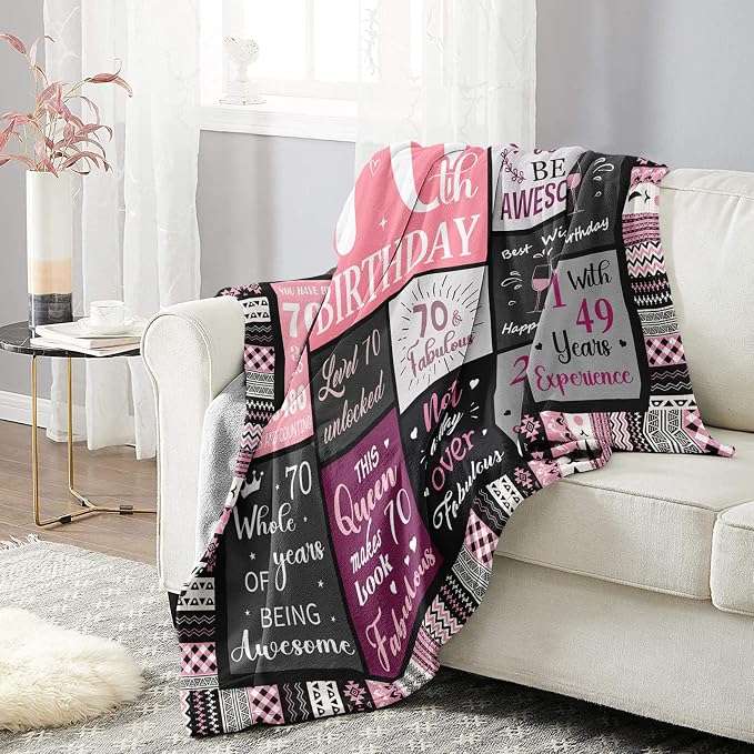 Ivivis 70th Birthday Gifts for Women, Happy 70th Birthday Decorations, 1956 Birthday Gifts for 70 Year Old Woman, Soft Flannel Pink Throw Blanket 60”X50”