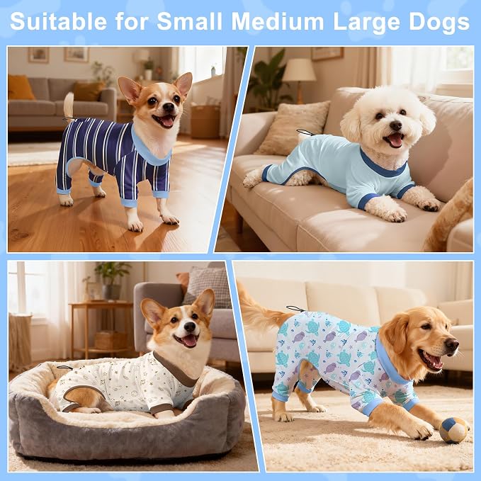 Bienbee Dog Pajamas, 4 Pack Adjustable Onesies for Small to Large Dogs L | Dog Shedding Suit with Soft Fabric, Breathable & Stretchy, and Adjustable Back Length for Sleeping Lounging and Daily Use