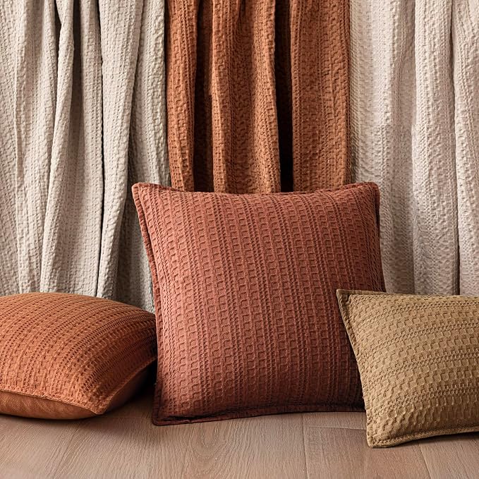 Foindtower Set of 2 Decorative Cotton Waffle Weave Throw Pillow Cover Euro Shams Cushion Covers Accent European Pillowcase For Bed Couch Sofa Bedroom Living Room Home Decor 20×20 Inch Fall Rust Orange