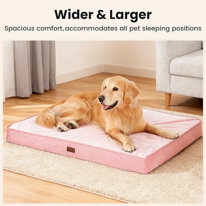OhGeni Orthopedic Waterproof Large Dog Bed, Memory Foam, 44 inch(Pink) | Machine-Washable Removable Cover in Easy-Clean Fabric, Reversible Memory Foam & Easy-Carry Handle, Wider and Larger