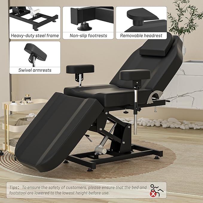 Electric Tattoo Chair Bed with Stool & Adjustable Armrests & Height Facial Chairs for Esthetician for Beauty Spa