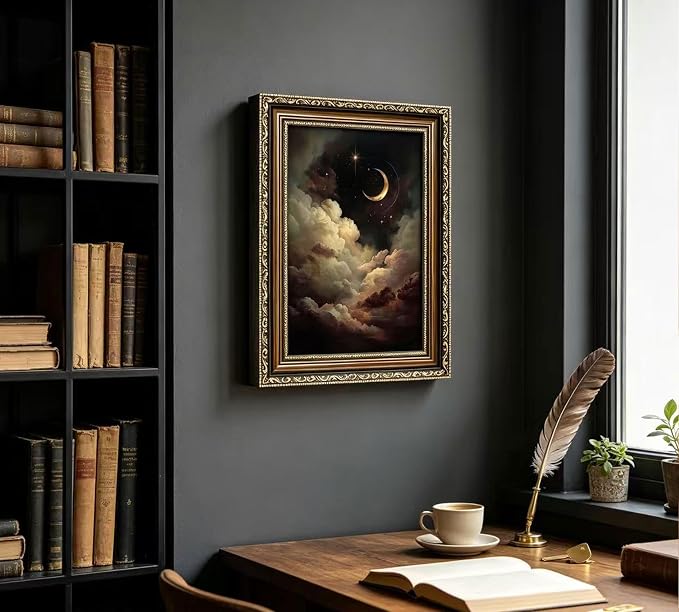 Vintage Gold Framed Crescent Moon Cloud Wall Art, Dark Academia Celestial Starry Sky Oil Painting Print, Antique Ornate Mystical Night Sky Wall Decor, Gothic Cottagecore Home Decor, 16x24in